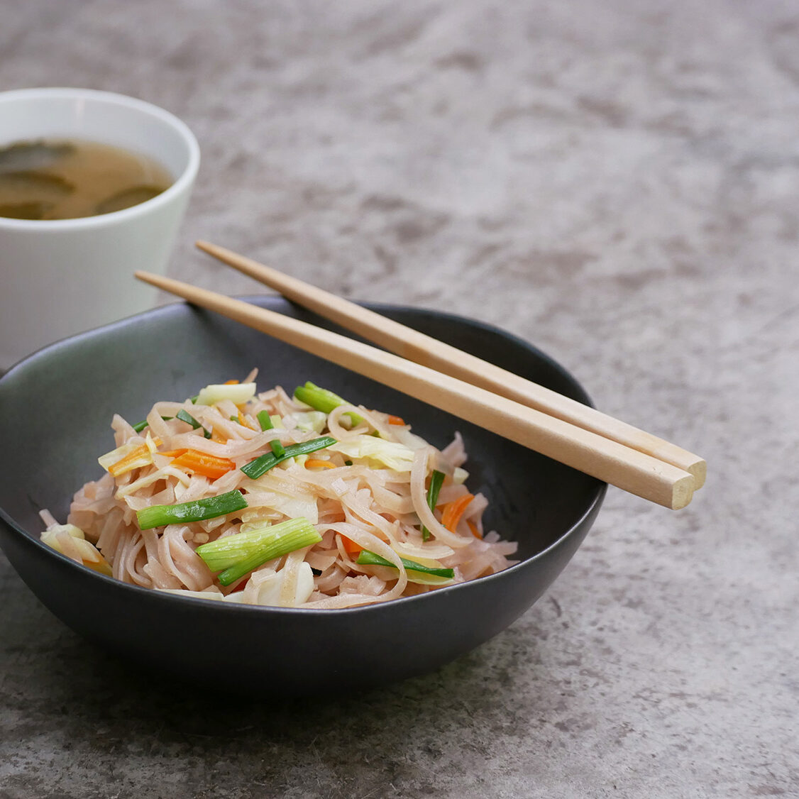 Yaki Soba with Brown Rice Noodles and Miso Soup